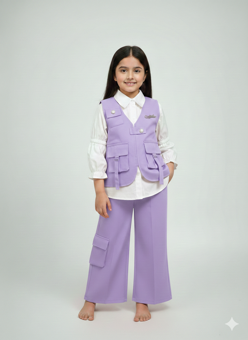 Girls' Three-Piece Utility Vest and Wide-Leg Cargo Pant Set with Puff-Sleeve Blouse