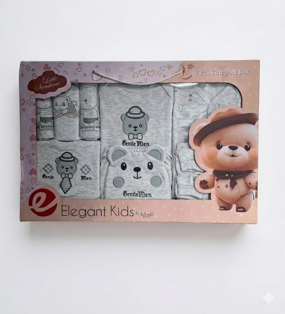 Elegant Kids 12-Piece Bear Theme Baby Gift Set in Gray, Pink, and Mint Green