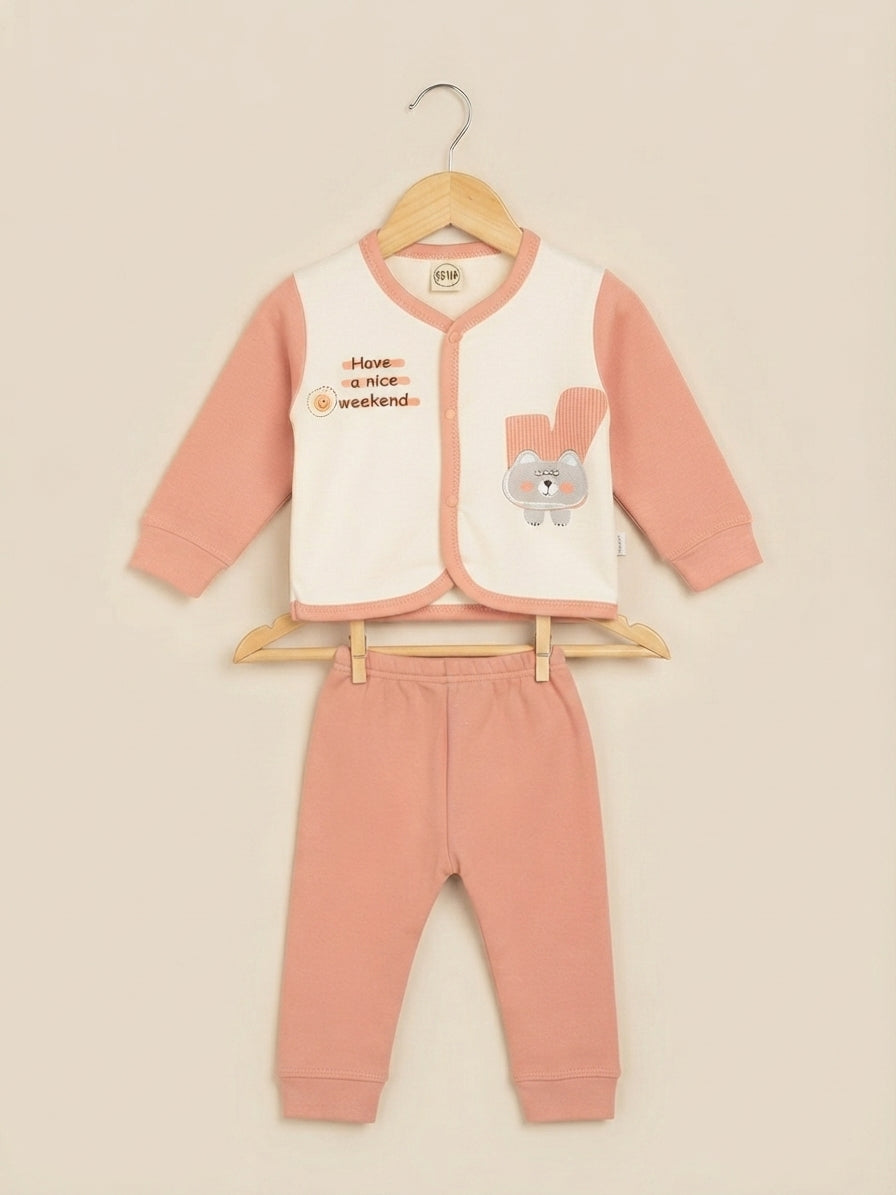 Cute Baby Cotton Full Sleeves Cardigan And Trouser Clothing Set For Daily Wear