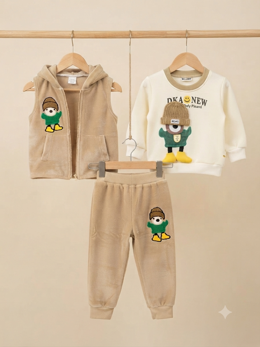 Cute Brown Fleece Hooded Vest And Sweatshirt Outfit Set With Bear Design