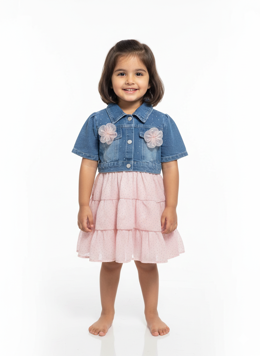 Girls' Trendy Denim Bolero Jacket and Tiered Swiss Dot Dress Two-Piece Fashion Set