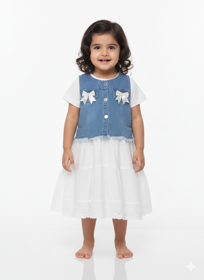 Adorable Girls' Denim Vest and Tiered Eyelet Cotton Dress Two-Piece Summer Fashion Set