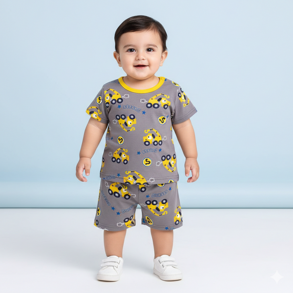 Cool Construction Vehicle Crane Print Toddler Boys Grey Cotton Summer T-Shirt and Shorts Set 🏗️