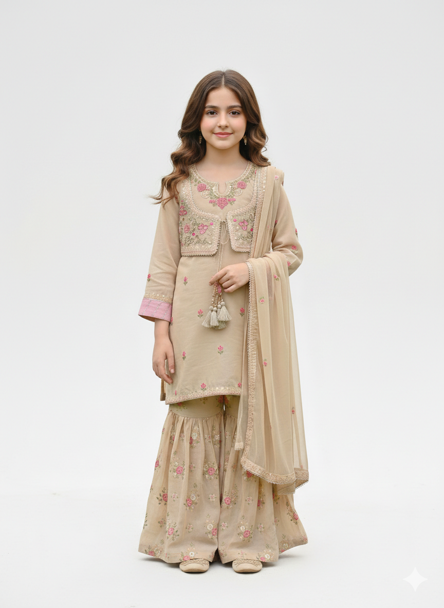 Elegant Embroidered Girls' Gharara Set with Matching Dupatta and Traditional Tassels in Three Colors