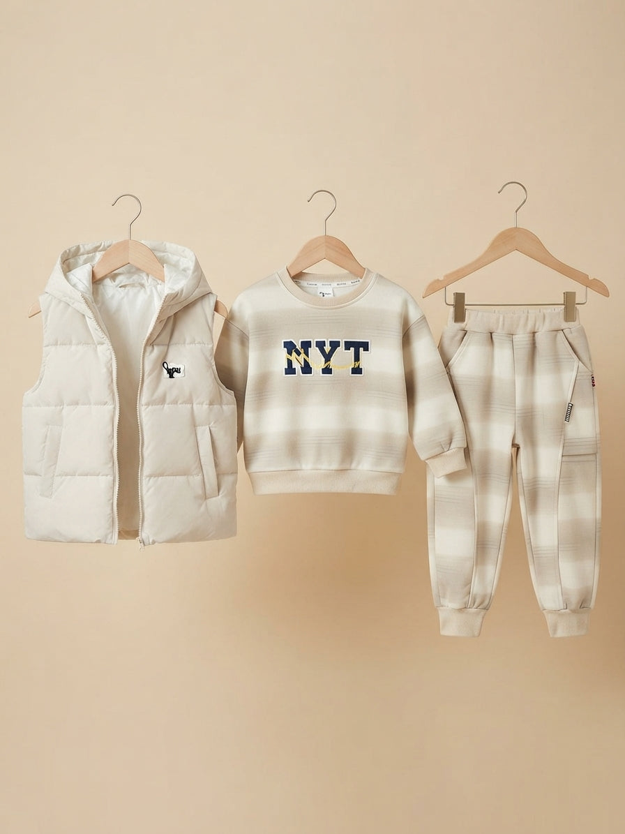 Kids Stylish 3-Piece Winter Outfit Set Featuring Puffer Hooded Vest Sweatshirt And Jogger Pants