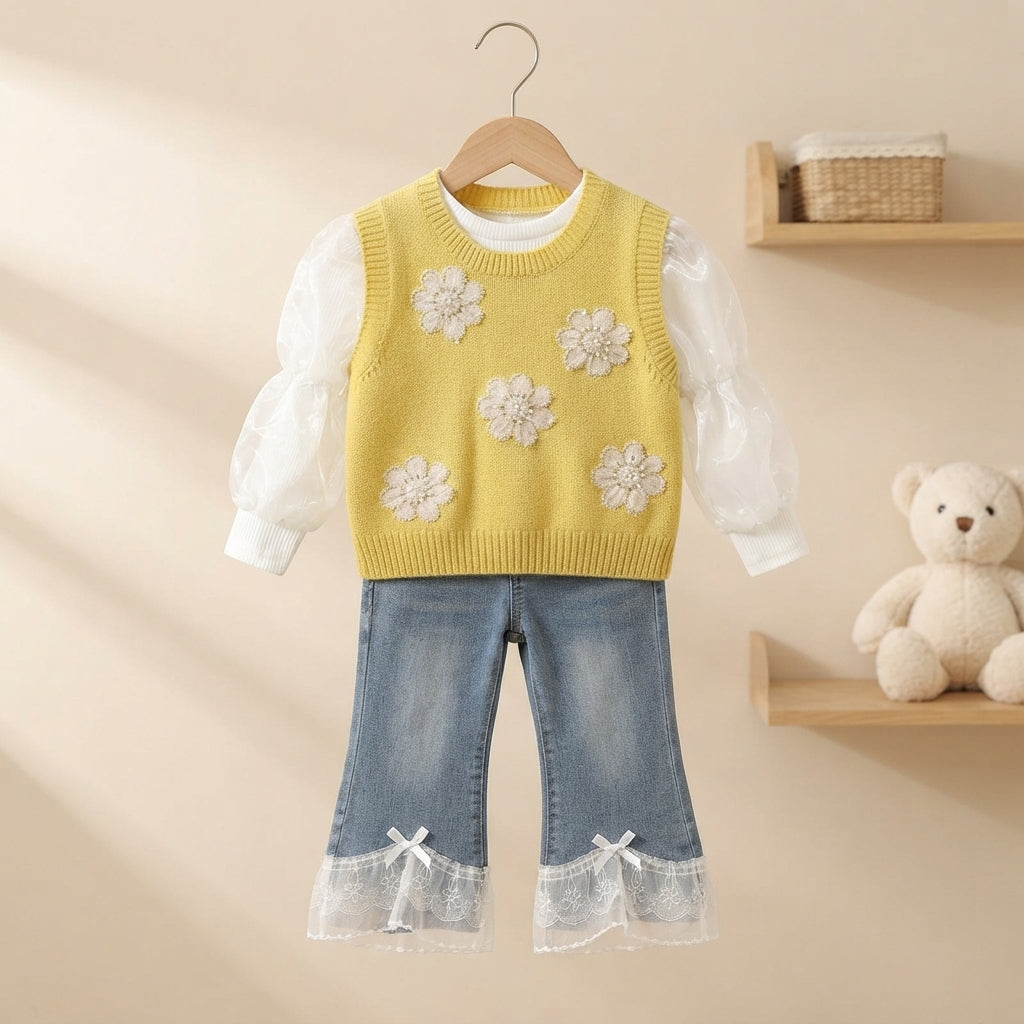 Cute Floral Knit Sweater Vest With Sheer Sleeves And Denim Trouser Set For Girls