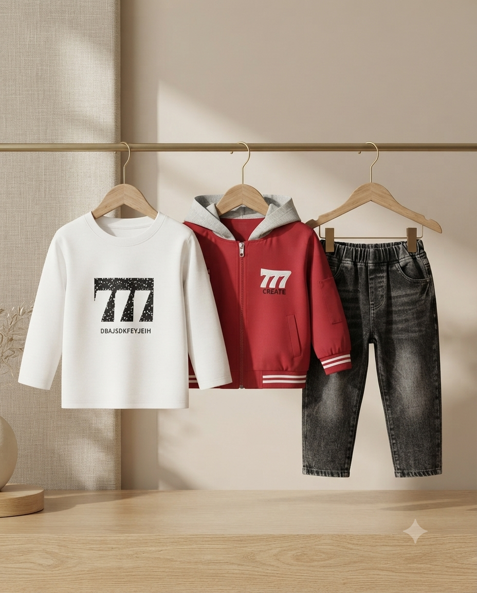 Boys Stylish 3-Piece Outfit Set: Graphic Sweatshirt, Hooded Zip Jacket, And Washed Denim Jeans