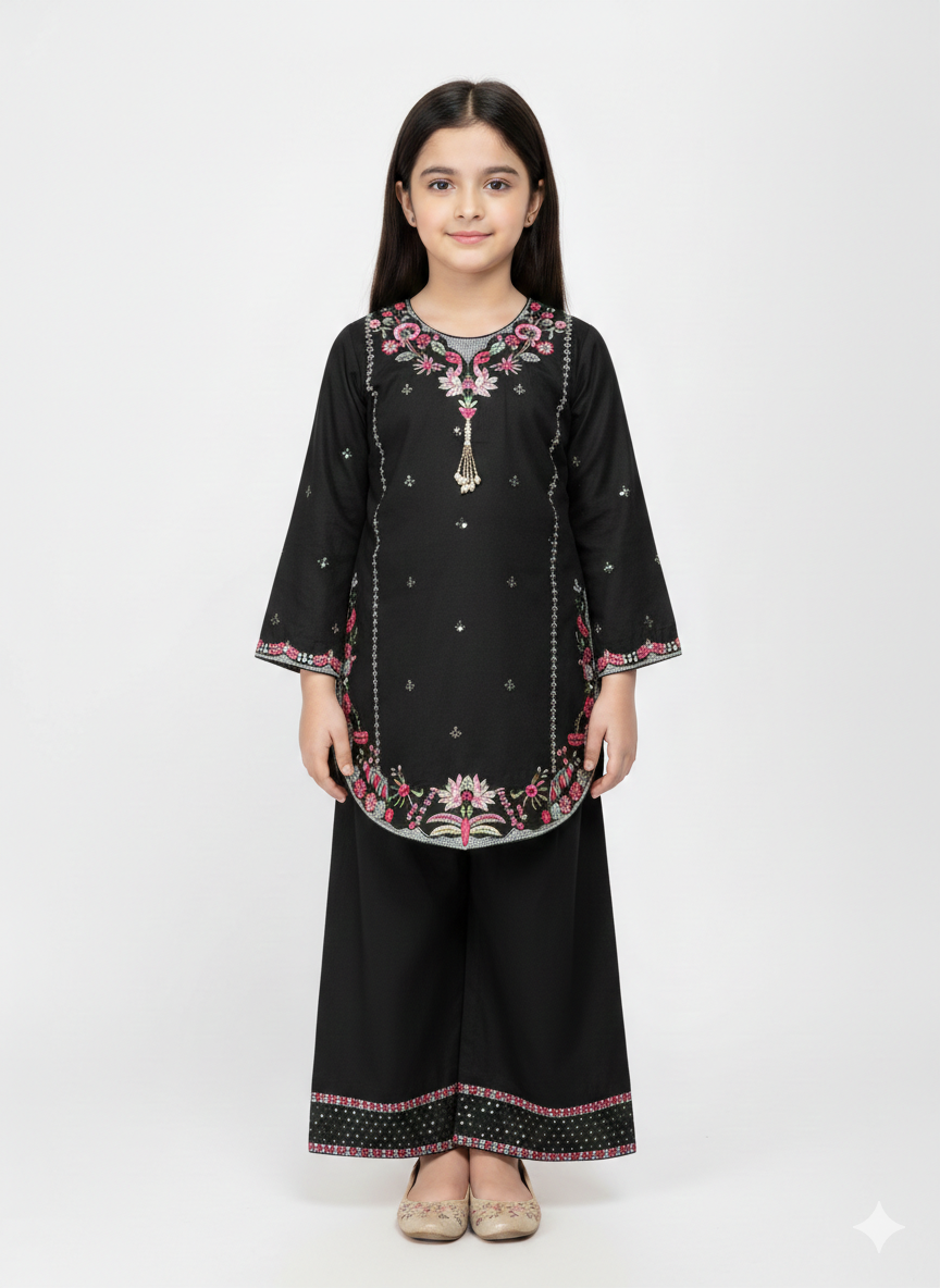 Elegant Girls Embroidered Two-Piece Kurta Set - Floral Neckline Design in Khaki and Jet Black