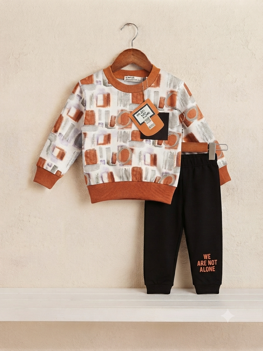 Stylish Geometric Print Kids Fleece Sweatshirt And Black Joggers Winter Outfit Set