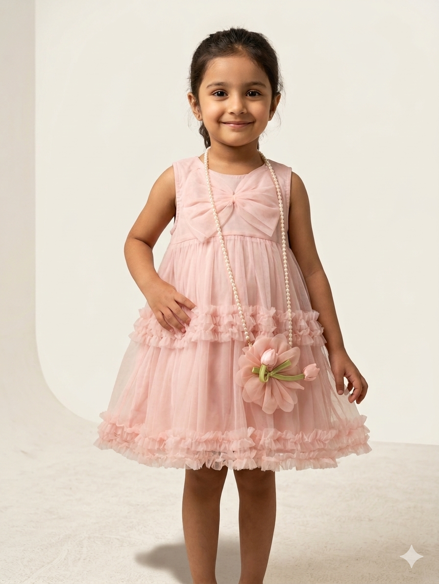 Premium Net Pouch Frock with Matching Tulip Bag for Girls – Available in Three Pastel Colors