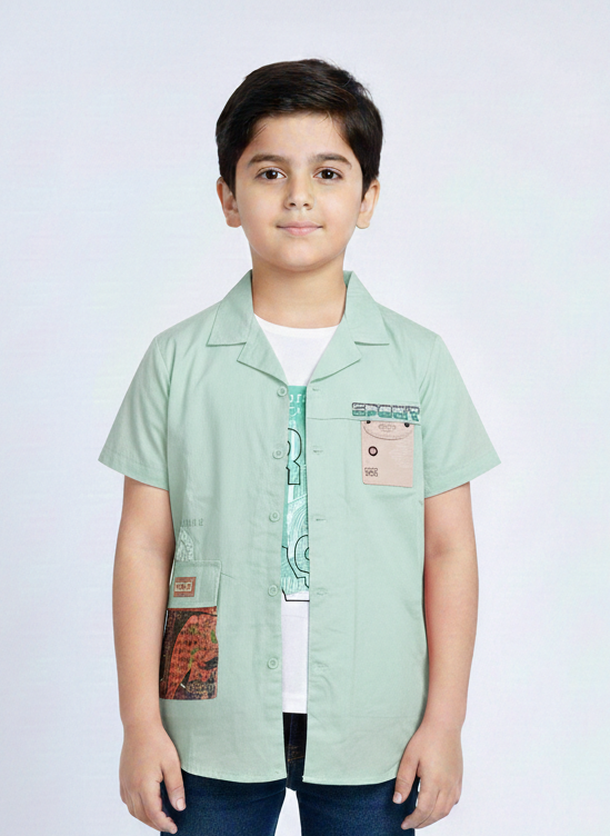 Vibrant Boys' Pale Yellow Layered Resort Shirt with Multi-Colored Utility Patches and Graphic Tee