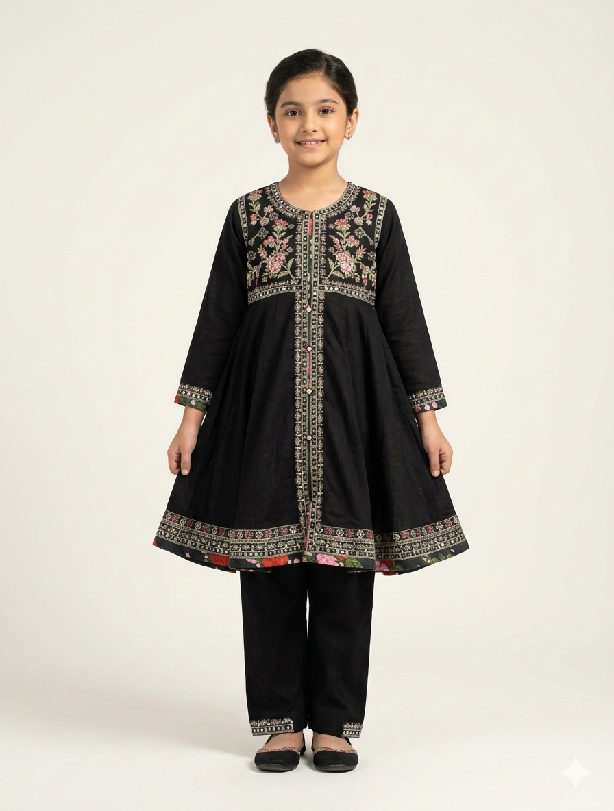 Elegant Girls Black Embroidered Floral Anarkali Frock and Trouser Two Piece Festive Ethnic Set