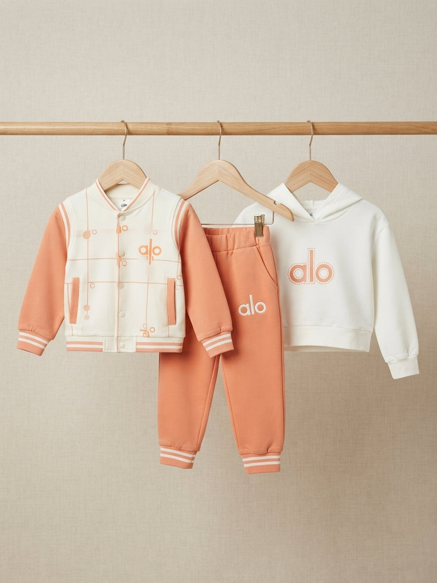 Trendy 3 Piece Alo Tracksuit Set With Jacket And Hoodie For Stylish Kids Casual Wear