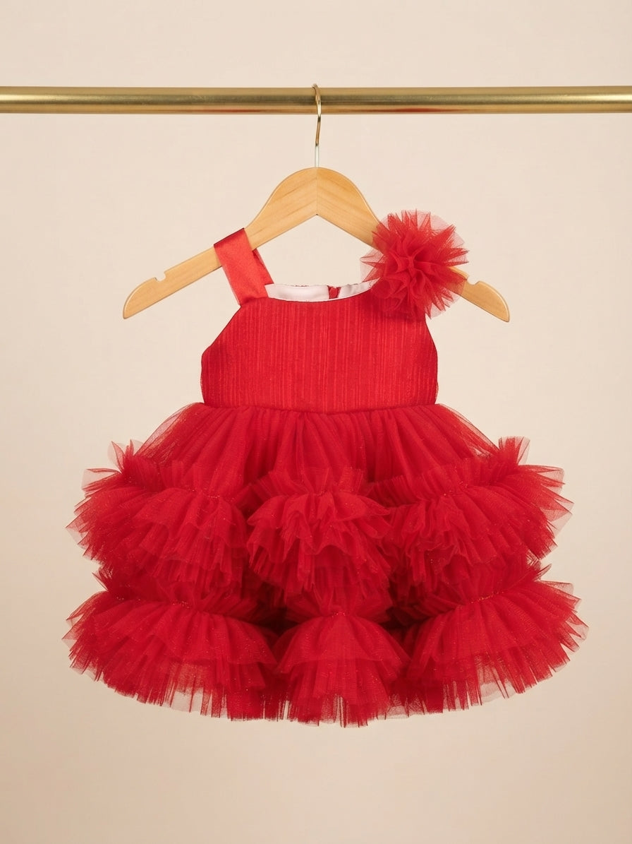 Beautiful White Sequin Net Ruffled Party Dress With Elegant Shoulder Flower For Baby Girls