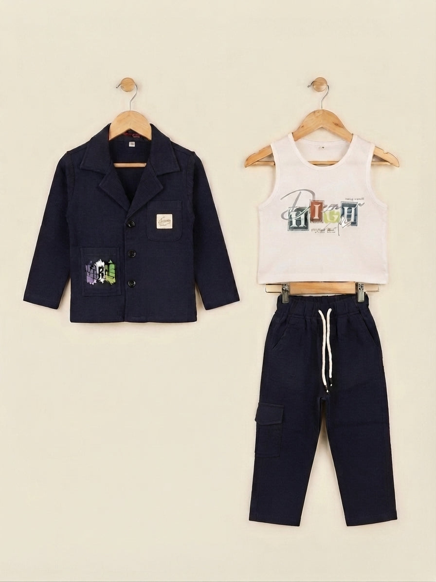 Stylish Three Piece Kids Outfit Featuring Blazer Tank Top And Cargo Pants For Boys