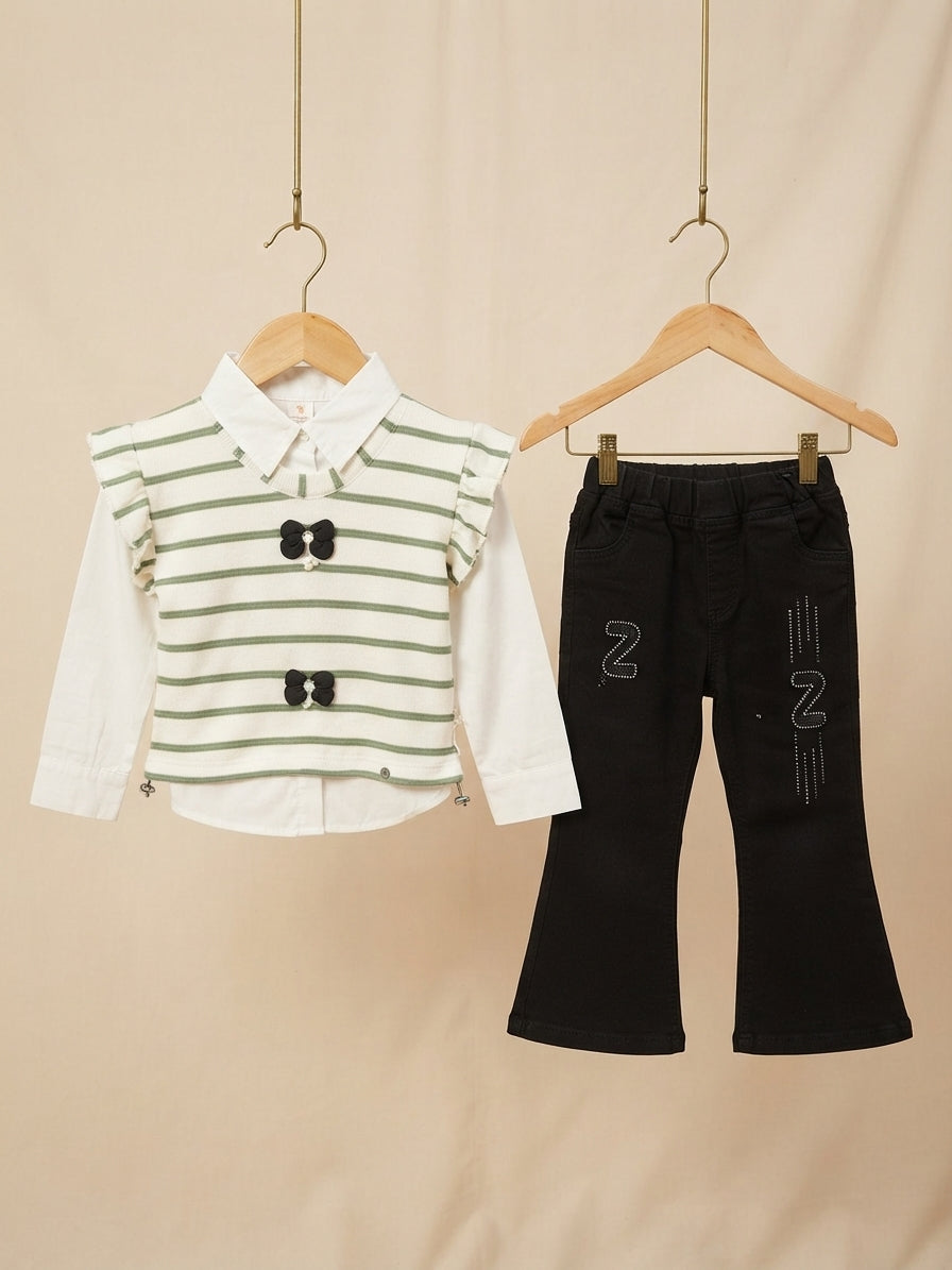 Girls Elegant Striped Floral Top And Black Trouser Pants Outfit Combo Set
