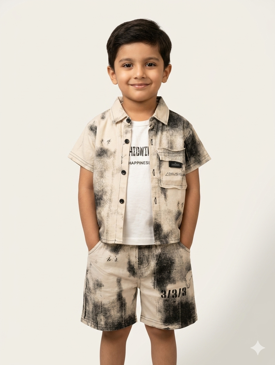 Trendy Boys Three Piece Tie Dye Shirt Shorts and Graphic Tee Summer Outfit Set