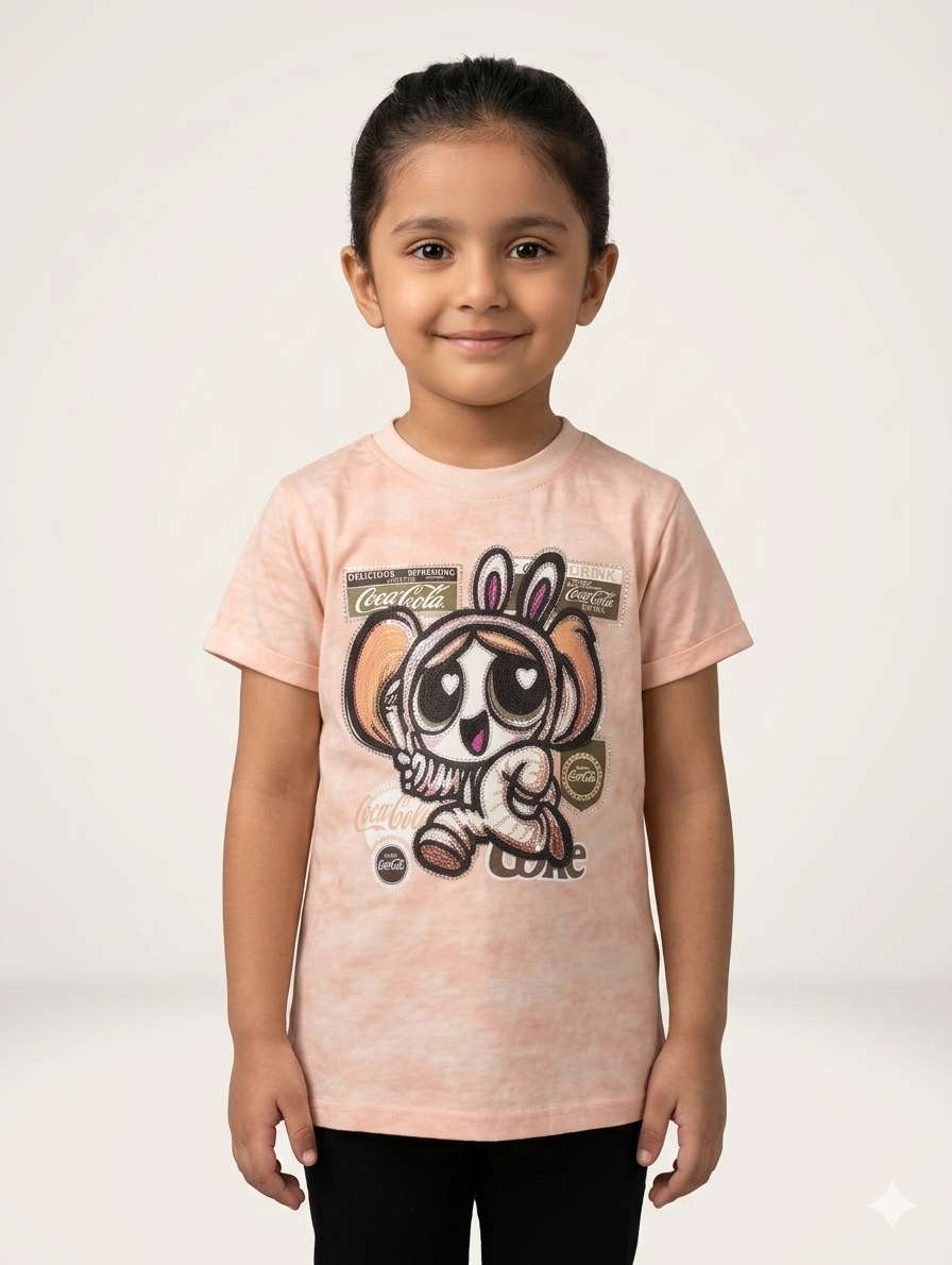 Girls Retro Graphic Tie Dye T-Shirt Featuring Playful Cartoon Bunny Character and Nostalgic Logos