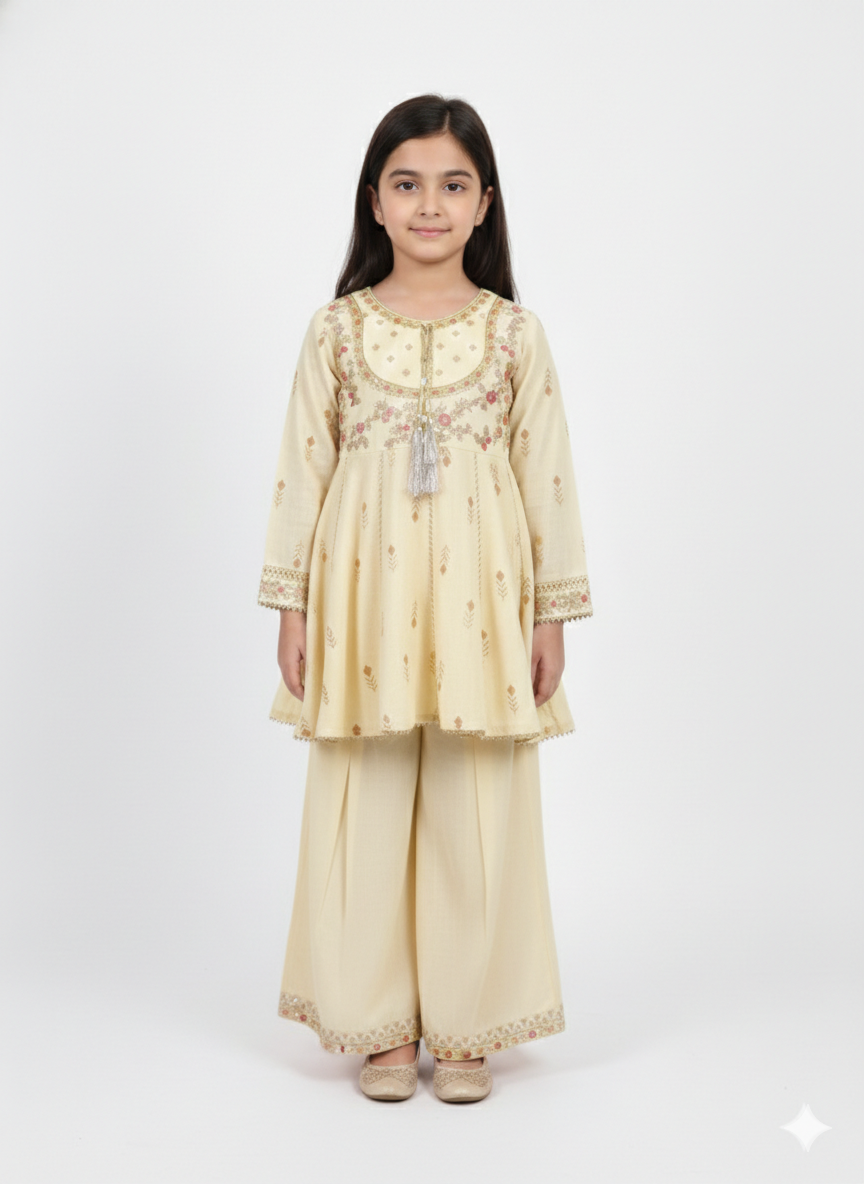 Elegant Powder Pink Embroidered Peplum Suit with Floral Accents, Wide Trousers, and Matching Dupatta