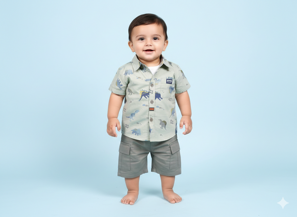 Baby Boys Three Piece Dinosaur Explorer Set Mint Green Printed Shirt Inner Tee Shorts