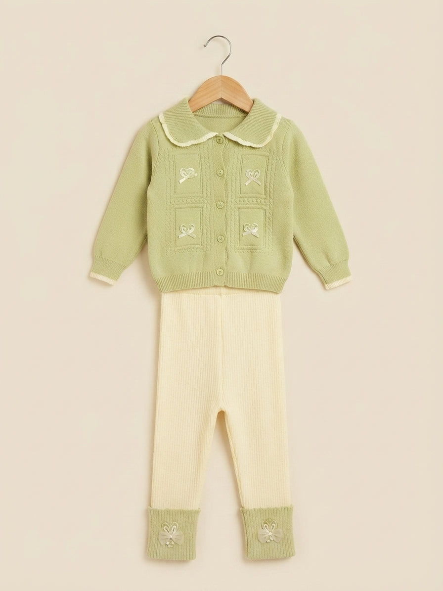 Charming Kids Knit Cardigan and Matching Pants Set Featuring Playful Mushroom Patterns