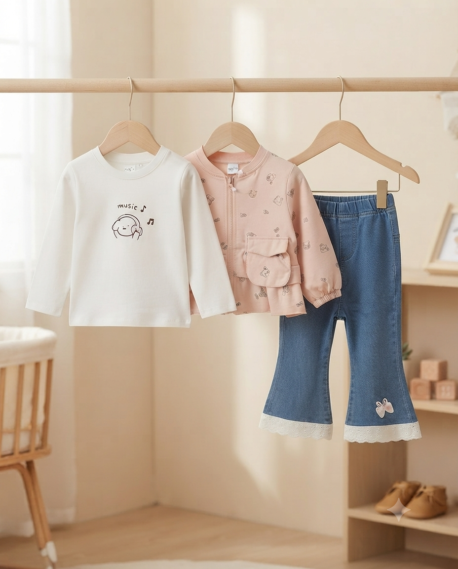 Girls Cute 3-Piece Outfit Set Printed Long Sleeve T-Shirt Zipper Jacket Denim Trousers