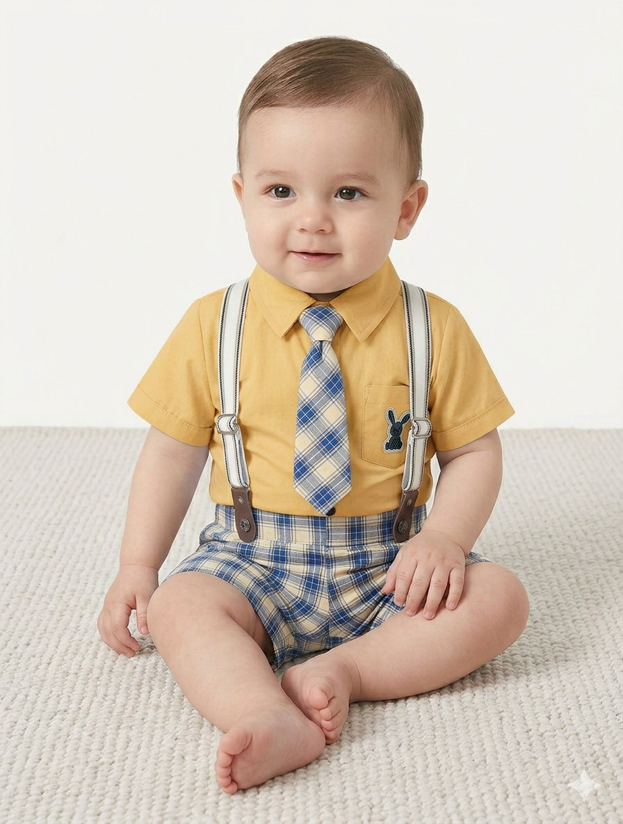Baby Boy Gentleman Suspender Set with Plaid Shorts, Matching Tie, and Bunny Motif Accent
