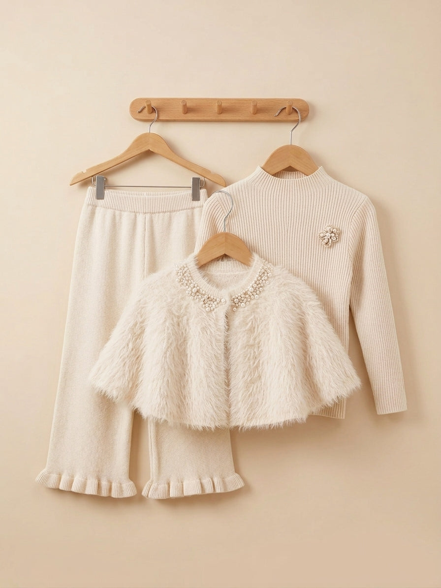 Girls Elegant 3 Piece Winter Knitwear Set Ribbed High Neck Pearl Cape Flare Pants