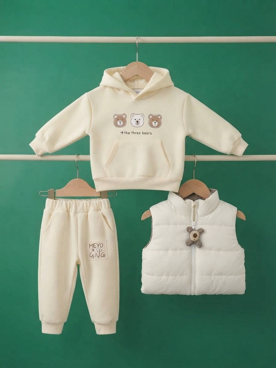 Kids Three Bears Graphic Hoodie And Puffer Vest 3-Piece Winter Outfit Set