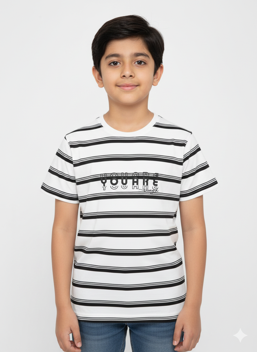 A Modern Young Boy Showcasing A Vibrant Five Color Earth Tone Striped Graphic T Shirt