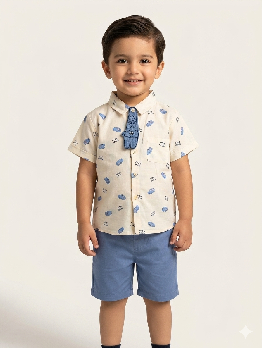 Toddler Boys Short Sleeve Animal Print Shirt and Shorts Set with Cute Character Tie Detail