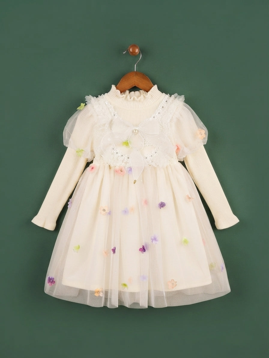 Elegant Winter Sequins Bow Long Sleeve Mesh Party Dress For Cute Little Girls