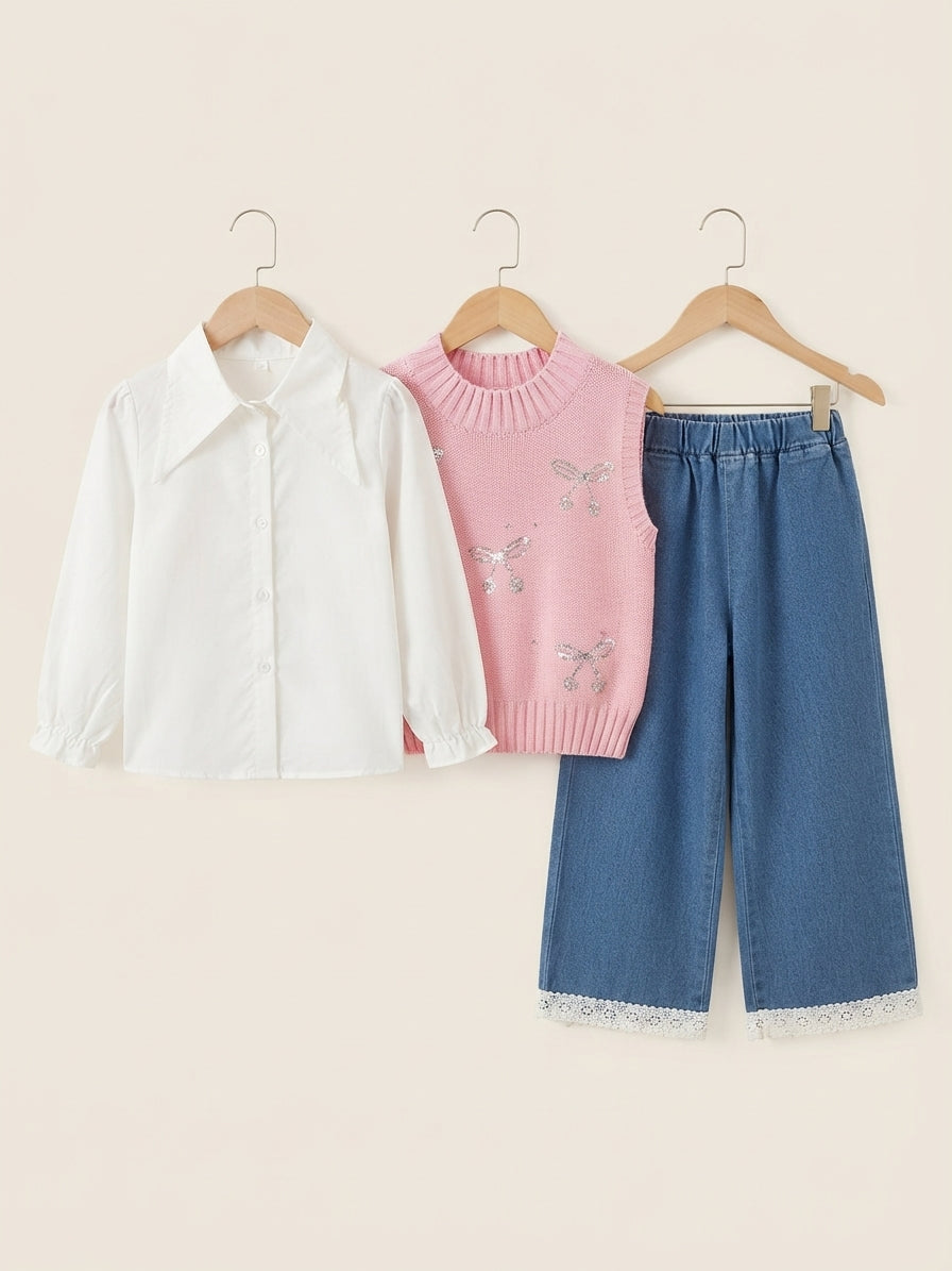 Stylish Kids 3-Piece Girls Outfit Set With Bow Sweater Shirt And Denim Pants