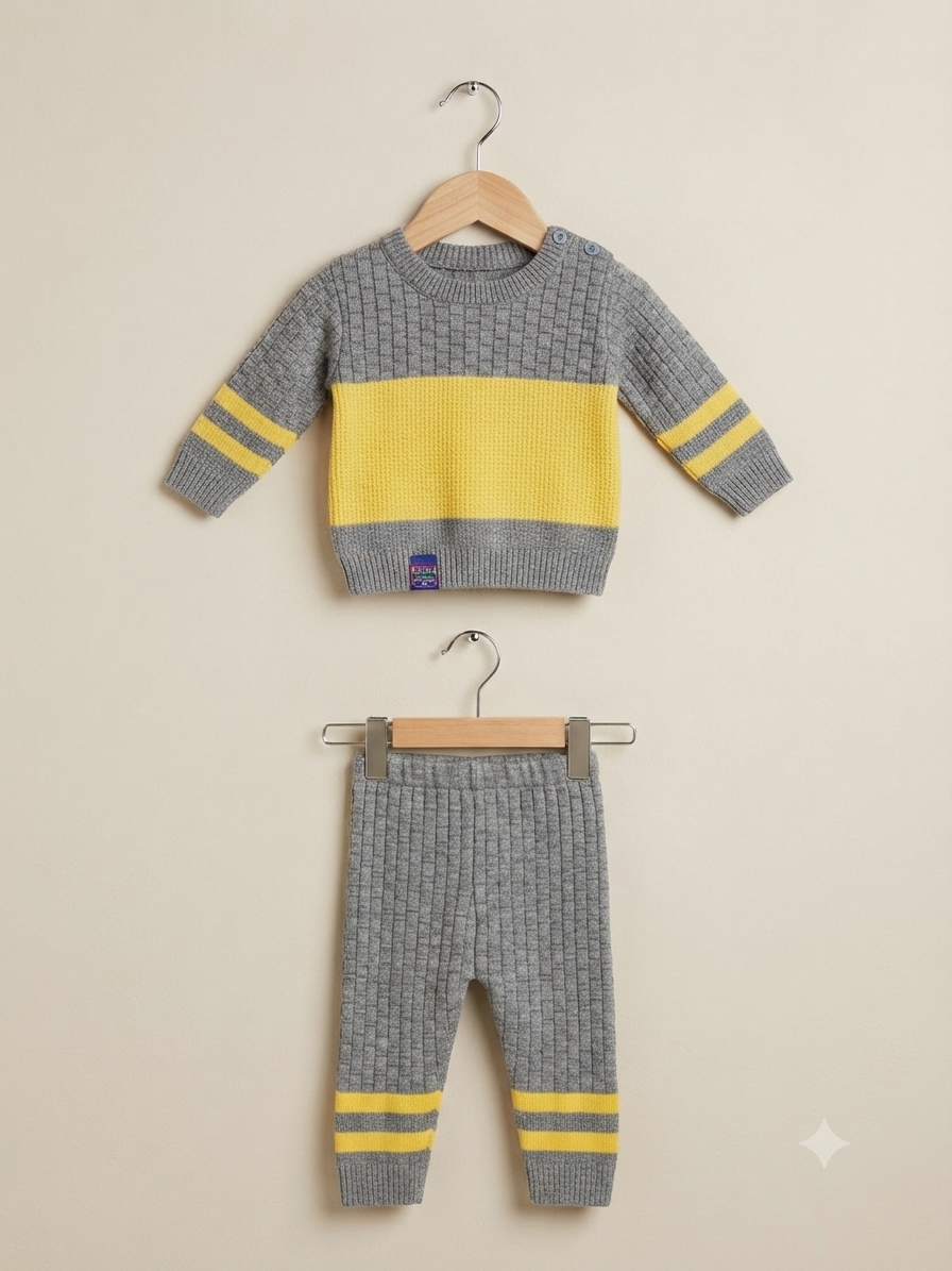 Baby Knitted Sweater And Trouser Set With Striped Pattern For Toddlers