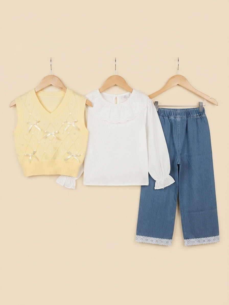 Stylish Kids 3-Piece Girls Outfit Set With Bow Sweater Shirt And Denim Pants