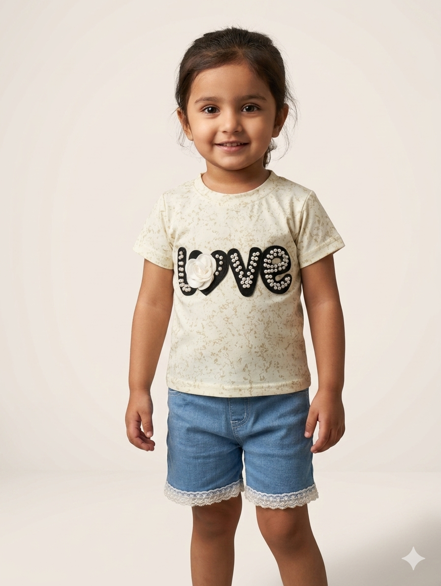Toddler Girls Love Graphic T-Shirt and Lace Trim Denim Shorts Two Piece Summer Outfit