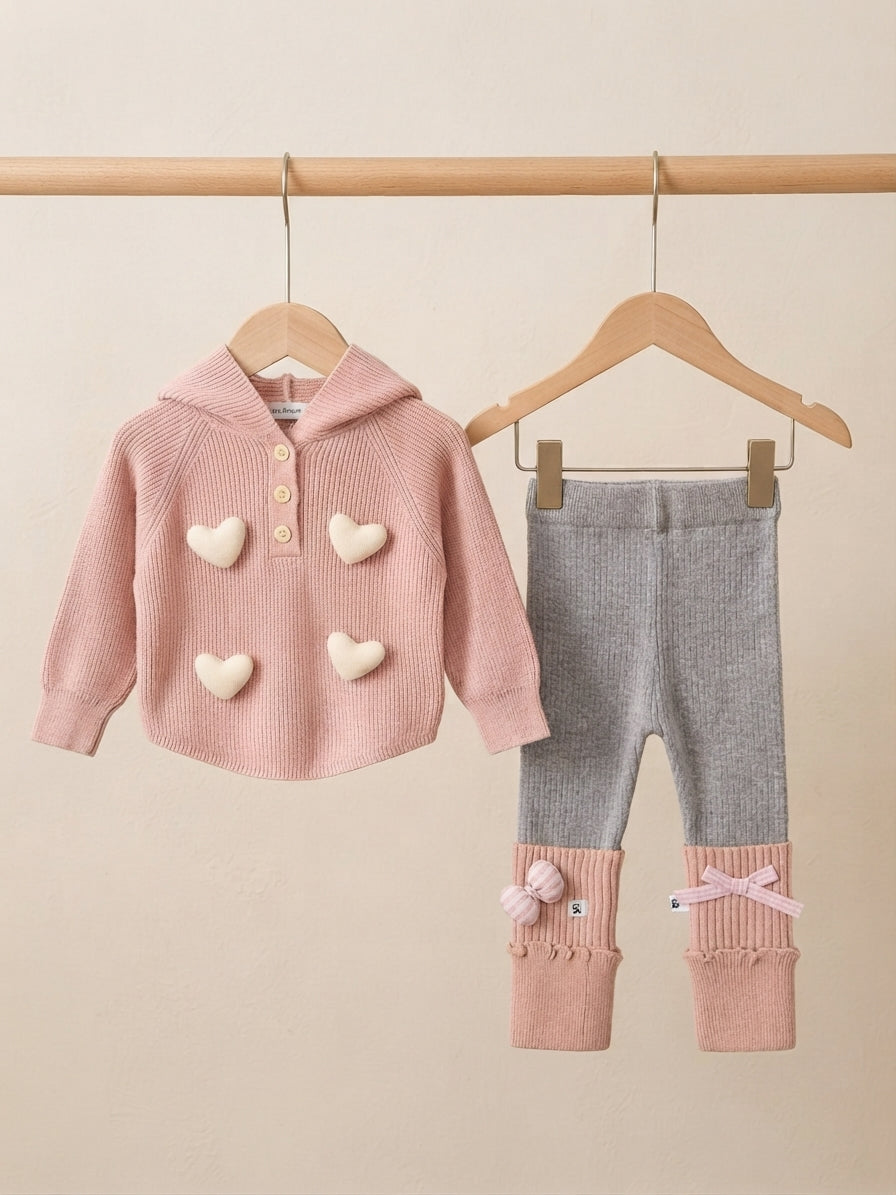 Adorable Kids Winter Knitwear Outfit Set Featuring Hooded Sweater And Cute Matching Trousers
