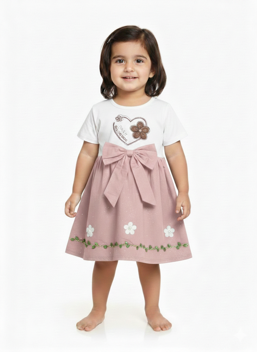 Girls' Sweet Heart Floral Jersey Dress with Oversized Waist Bow and Embroidered Details
