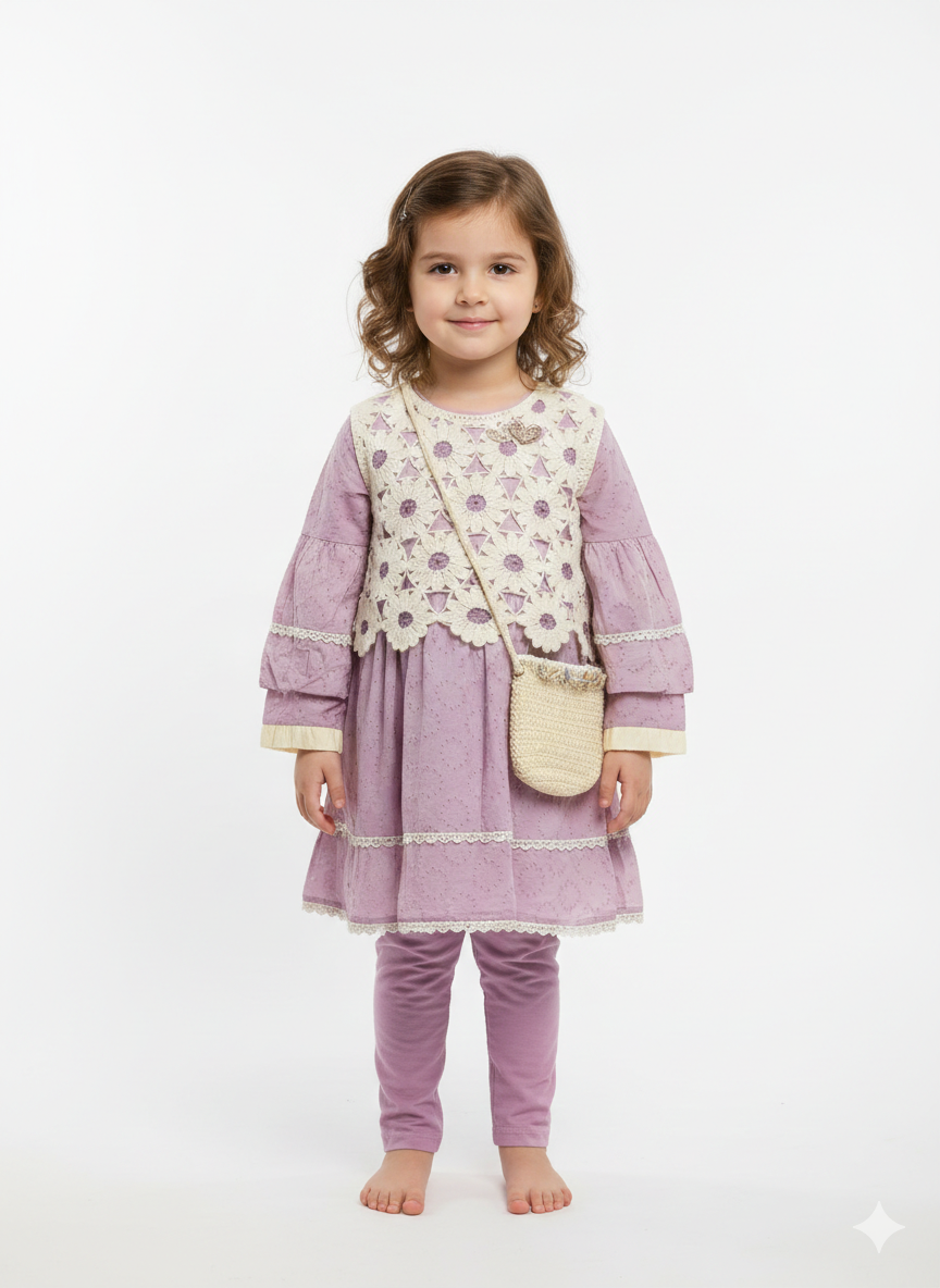 Girls' 4-Piece Boho Eyelet Tunic Set with Floral Crochet Vest and Crossbody Bag Ensemble