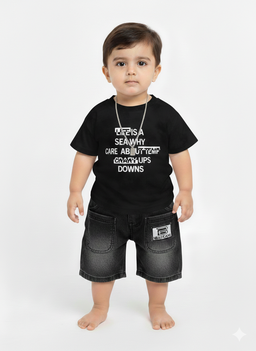 Toddler Boy's Urban Graphic Tee and Faded Denim Shorts Two-Piece Casual Summer Outfit Set
