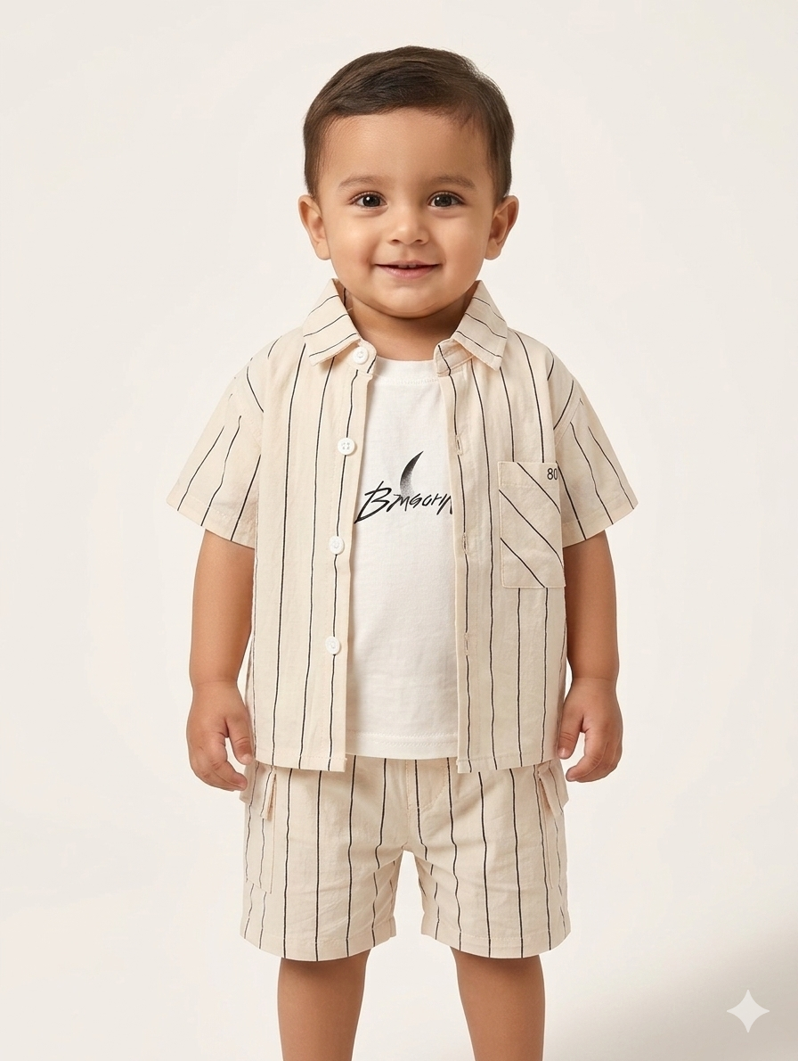 Toddler Boys' Three-Piece Vertical Stripe Shirt and Shorts Set with Printed Graphic T-Shirt