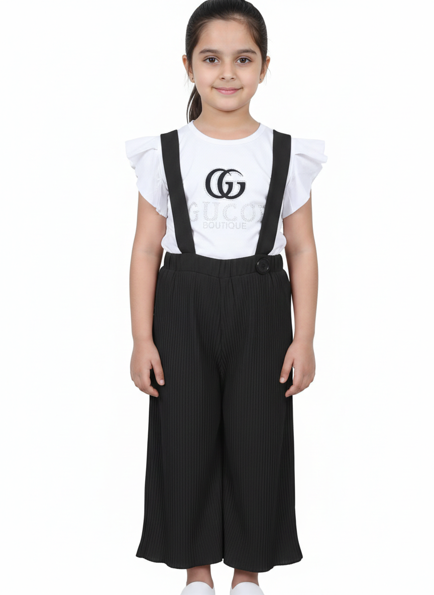 Girls' Trendy Ruffle Sleeve Graphic Tee and Pleated Wide-Leg Suspender Culotte Two-Piece Set