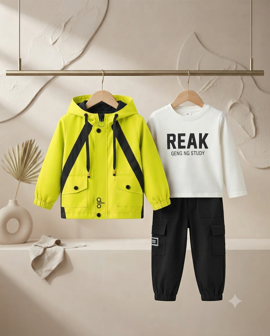 Boys Trendy 3-Piece Outfit Set: Graphic T-Shirt, Black Cargo Pants, And Hooded Jacket
