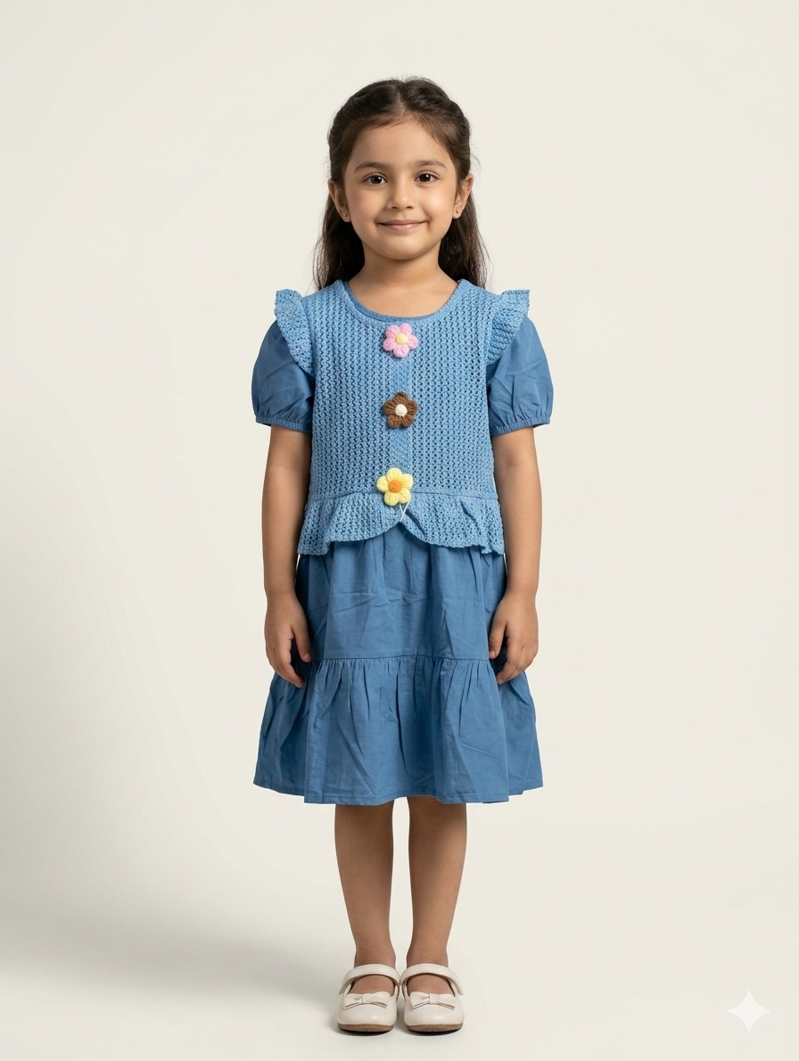 Girls Floral Accent Knit Vest and Tiered Cotton Dress Two Piece Summer Fashion Set