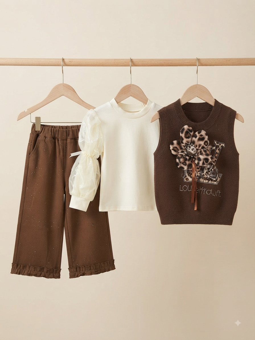 Stylish 3-Piece Girls Outfit Set with Knit Vest, Sheer Sleeve Top, and Glittery Pants