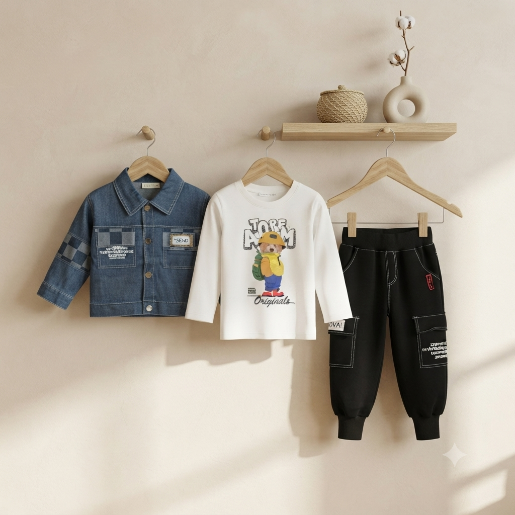 Stylish Black Denim Jacket And Cute Bear Graphic T-Shirt With Cargo Trouser Set