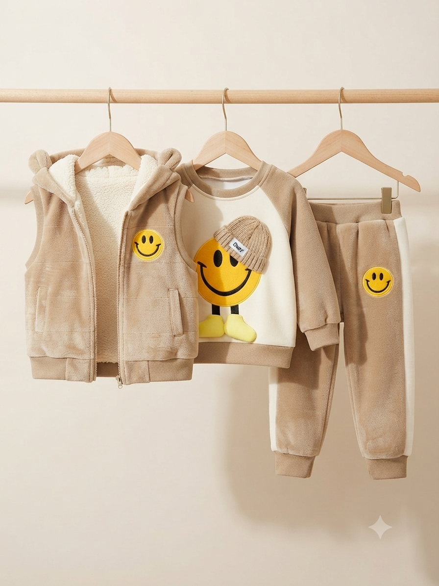 Plush Fleece Three-Piece Outfit Set With A Yellow Smiley Face