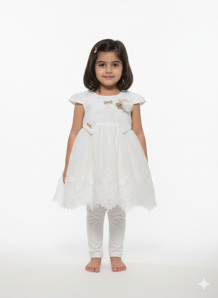 Elegant Toddler Girl Occasion Dress with Lace Embroidery, Matching Bolero Jacket, and Comfortable Leggings