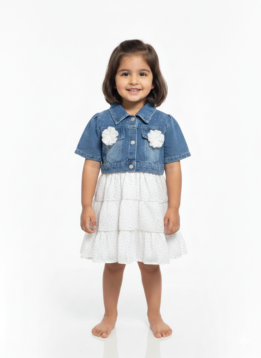 Girls' Trendy Denim Bolero Jacket and Tiered Swiss Dot Dress Two-Piece Fashion Set
