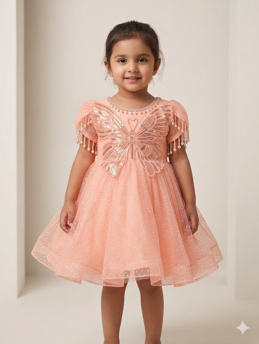 Girls Sequin Butterfly Applique Tulle Party Dress with Pearl Fringe Sleeves and Glitter Finish